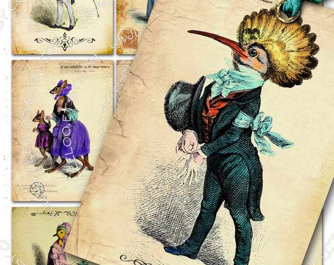 DES ANIMAUX printable greeting gift background  Digital collage sheet anthropomorphic animal hand drawing recolored ac241