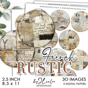 Illustration imprimable FRANÇAIS RUSTIQUE 2,5 pouces | Pendentifs ronds en détresse, miroir, aimant, épingle, autocollant | Journal grunge | tn743