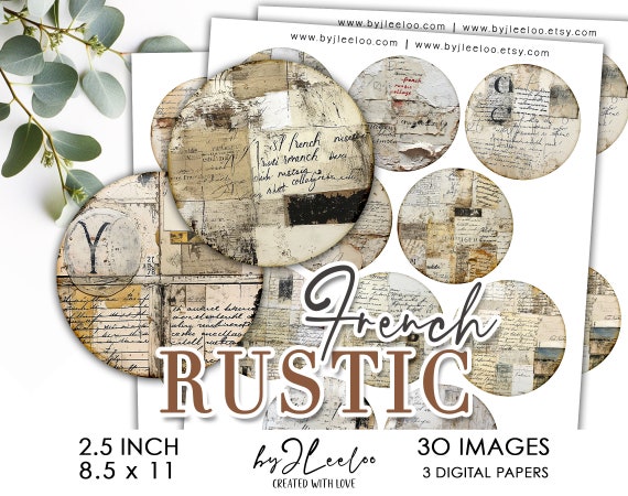 FRENCH RUSTIC 2.5 inch printable illustration | Distressed supplies round pendants, mirror, magnet, pin, sticker | Grunge Journal | tn743