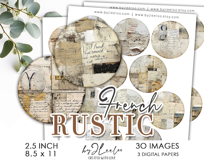 FRENCH RUSTIC 2.5 inch printable illustration | Distressed supplies round pendants, mirror, magnet, pin, sticker | Grunge Journal | tn743
