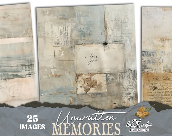 UNWRITTEN MEMORIES vintage pages | Old textured card junk journal diary | nostalgic cozy paper dusty blue digital texture background | pp805