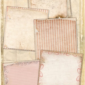 May include: Five vintage paper sheets with distressed edges and a pink and white striped pattern. The sheets are perfect for scrapbooking, journaling, or crafting.