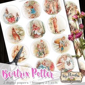 Puede incluir: Un conjunto de 12 papeles digitales con ilustraciones de personajes de Beatrix Potter, incluyendo Peter Rabbit, Jemima Puddle-Duck y Mrs. Tiggy-Winkle. Los papeles tienen un di&aacute;metro de 6,35 cm y son perfectos para scrapbooking, creaci&oacute;n de tarjetas y otros proyectos de manualidades.
