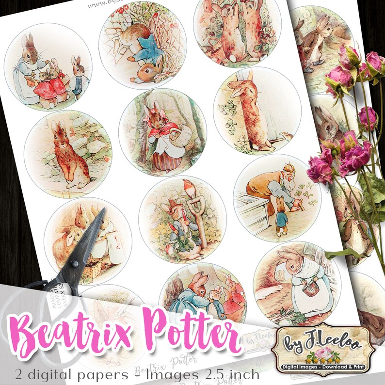 Puede incluir: Un conjunto de 12 papeles digitales con ilustraciones de personajes de Beatrix Potter, incluyendo Peter Rabbit, Jemima Puddle-Duck y Mrs. Tiggy-Winkle. Los papeles tienen un di&aacute;metro de 6,35 cm y son perfectos para scrapbooking, creaci&oacute;n de tarjetas y otros proyectos de manualidades.