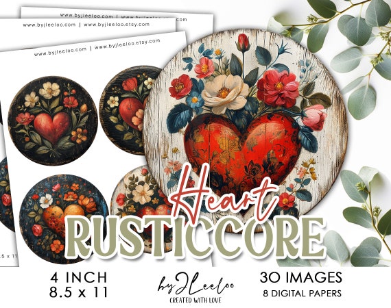 RUSTICCORE HEART 4 inch circle printable | round supplies for coaster decoration mirror magnet and craft instant download diy | Labels tn757