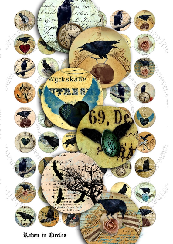 Digital collage sheet RAVEN IN CIRCLES 1 inch circle for spooky halloween pendant and craft instant download printable tn148