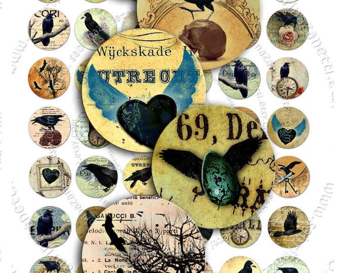 Digital collage sheet RAVEN IN CIRCLES 1 inch circle for spooky halloween pendant and craft instant download printable tn148