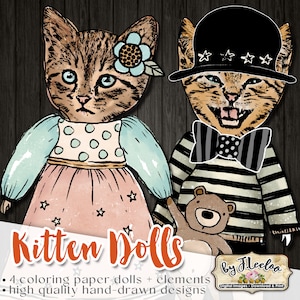 KITTEN PAPER DOLLS Färbung artikulierte veränderte Kunst digitale Collage Blatt für Journal Seite Scrapbook Tagebuch Kunst pp572