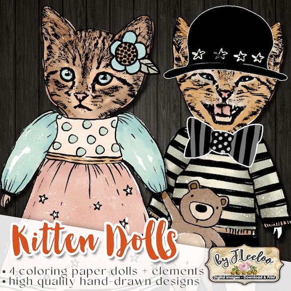 KITTEN PAPER DOLLS Coloring Articulated altered art digital collage sheet for journal page scrapbook diary art pp572