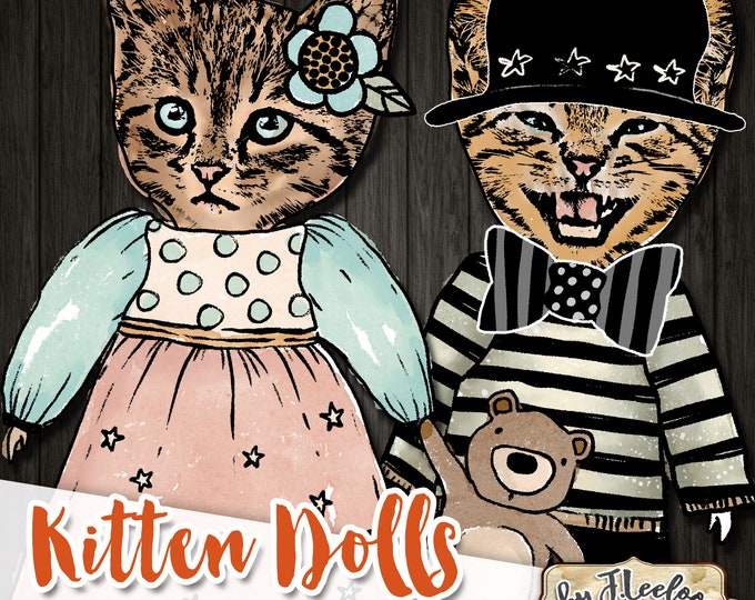 KITTEN PAPER DOLLS Coloring Articulated altered art digital collage sheet for journal page scrapbook diary art pp572