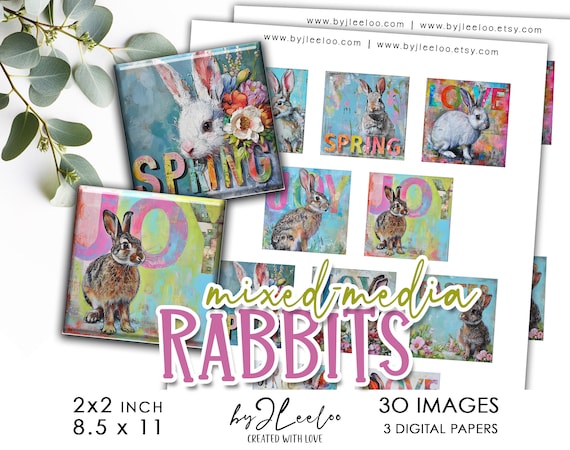 MIXED-MEDIA RABBITS 2x2 inch printable | supplies square pendants, sticker, bezel trays, glass cabochon mountings, cameo settings | qu576