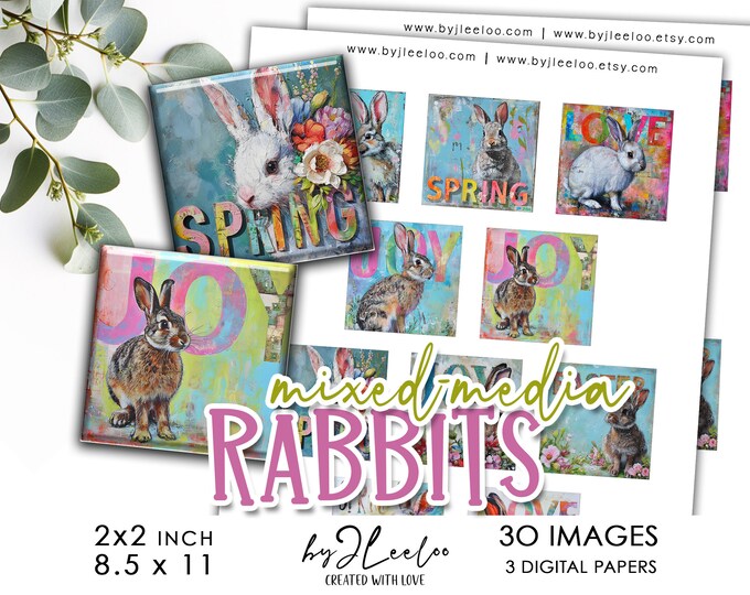 MIXED-MEDIA RABBITS 2x2 inch printable | supplies square pendants, sticker, bezel trays, glass cabochon mountings, cameo settings | qu576