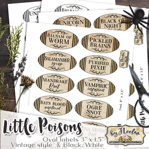 LITTLE POISONS vintage jar labels apothecary Witch Halloween bottle junk journal stickers potion poison labels Digital Download tl245