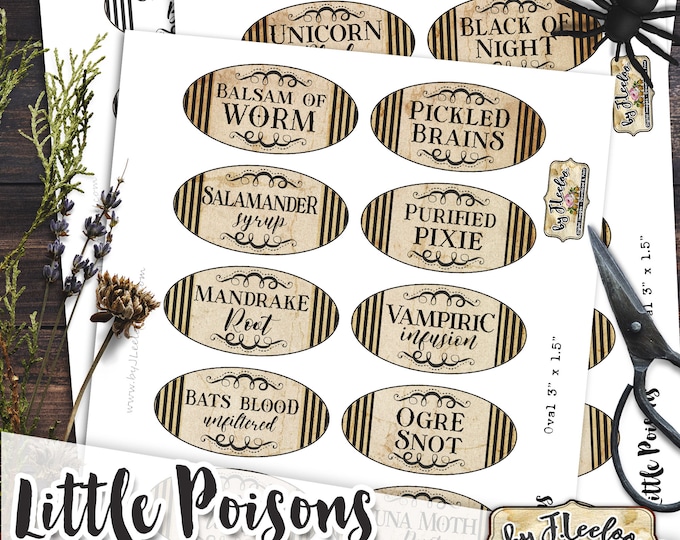 LITTLE POISONS vintage jar labels apothecary Witch Halloween bottle junk journal stickers potion poison labels Digital Download tl245