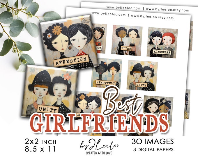 BEST GIRLFRIENDS 2x2 inch printable | supplies square pendants, charm for friend, gift for best friend, magnet, label, tag, craft | qu588