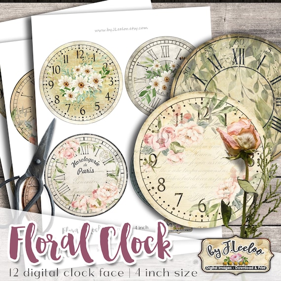 FLORAL CLOCK 4 inch circle without handles PNG for coaster diary journal scrapbooking instant download printable | tn616