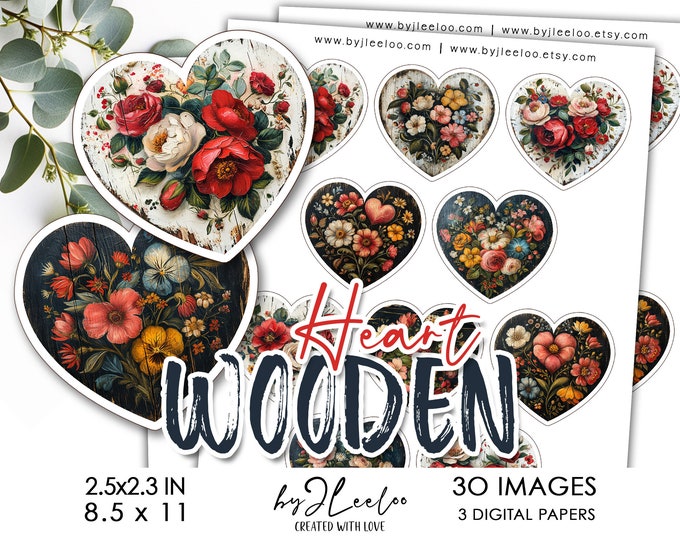 WOODEN HEART 2.5 x2.3 in printable rustic digital paper | Fussy Cuts Sticker Valentines love | Junk journal CU Digital Download | tn761
