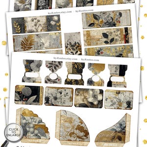 May include: A collection of printable paper ephemera featuring floral and botanical designs in gold, gray, and white. Includes bookmarks, tags, and decorative elements with text like "Golden Herbarium" and "by JLeeloo created with love".