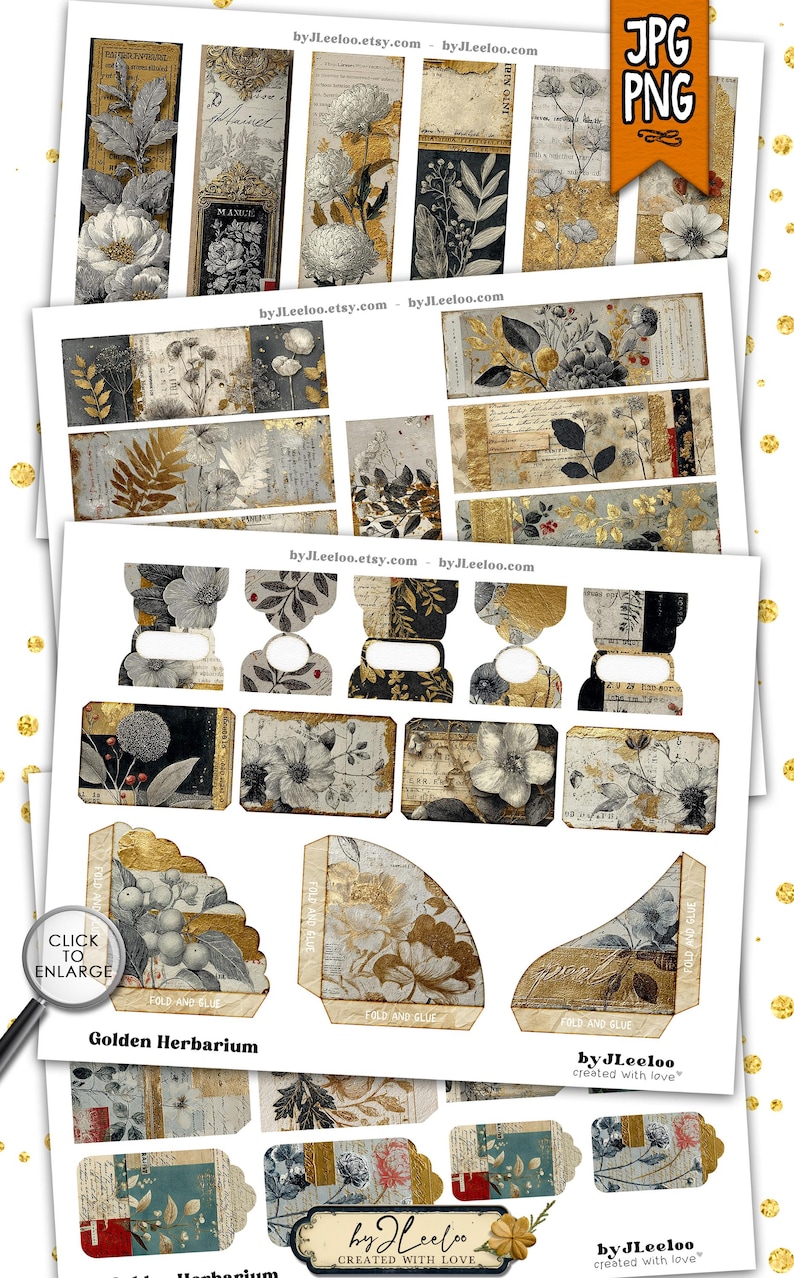 May include: A collection of printable paper ephemera featuring floral and botanical designs in gold, gray, and white. Includes bookmarks, tags, and decorative elements with text like "Golden Herbarium" and "by JLeeloo created with love".