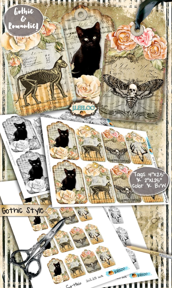 ROMANTIC GOTHIC tag gift halloween craft art instant download printable steampunk moth deer bones black cat Digital collage sheet tl177