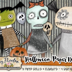Poupée de papier HALLOWEEN dessinée à la main effrayant art altéré numérique collage numérique feuille de journal page scrapbook téléchargement immédiat imprimable pp506