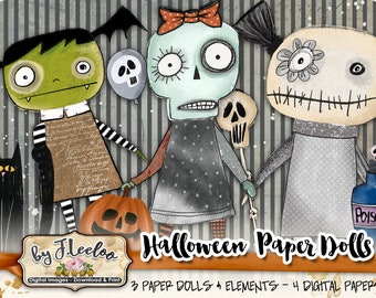 PAPER DOLL HALLOWEEN hand drawn scary digital altered art Digital collage sheet journal page scrapbook instant download printable pp506