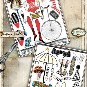 CIRCUS PAPER DOLL articulated printable altered art Digital collage sheet scrapbook mixed media collage instant download pp366 image 3