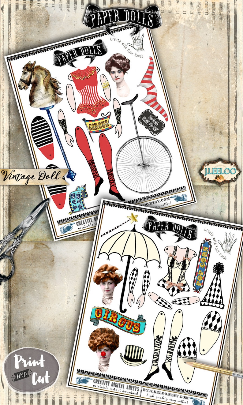 CIRCUS PAPER DOLL articulated printable altered art Digital collage sheet scrapbook mixed media collage instant download pp366 image 3