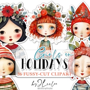 FILLES EN VACANCES Illustrations clipart PNG | Poupée en papier naïve et folklorique Fabrication de cartes Scrapbooking Journalisation Autocollants Créations éphémères | cl157