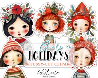 GIRLS on HOLIDAYS clipart PNG illustrations | Naive and Folk paper doll Card Making Scrapbook Journaling Stickers Craft Ephemera | cl157