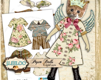 Puede incluir: Una muñeca de papel caprichosa con la cara de un gato que lleva una corona y alas de ángel, vestida con un vestido con estampado floral. La imagen incluye opciones de ropa recortada y el texto "Paper Dolls - 6 digital papers" y el logotipo de J.LEELOO.