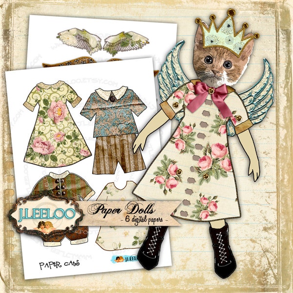 PAPER CATS digital paper puppie doll altered art journal page Digital collage sheet scrapbooking jpg png instant download pp253