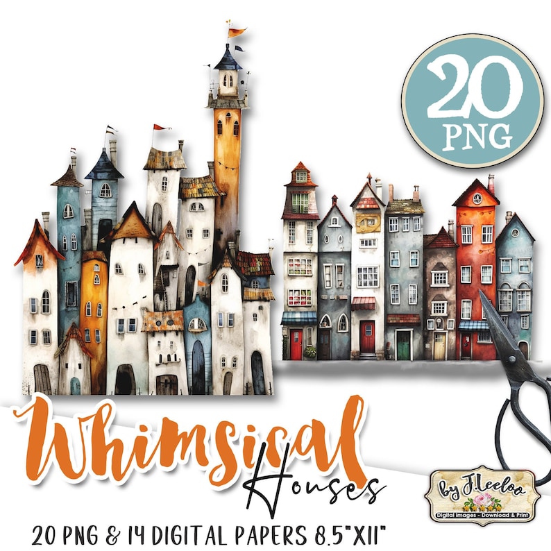 WHIMSICAL HOUSES PNG Clipart Papier Bastelbedarf junk journal elements vintage skurrile Mixed Media Printable kommerzielle Nutzung cl147 Bild 3