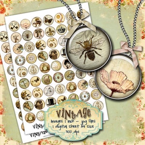 May include: Two digital sheets of vintage images, each featuring 36 round images, 1 inch in diameter. The images are in a variety of styles, including floral, animal, and geometric designs. The sheets are labeled "VINtAge" and "Images 1 inch - jpg files 1 digital sheet A4 size 300 dpi".