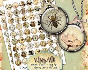 May include: Two digital sheets of vintage images, each featuring 36 round images, 1 inch in diameter. The images are in a variety of styles, including floral, animal, and geometric designs. The sheets are labeled "VINtAge" and "Images 1 inch - jpg files 1 digital sheet A4 size 300 dpi".