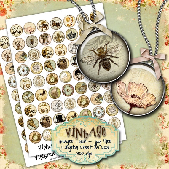 Digital printable sheet VINTAGE images 1 inch circle sheets for pendants charms bottlecup pins craft instant download tn273