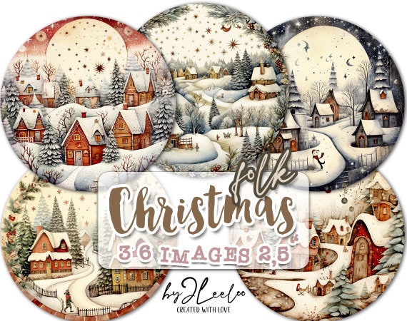 FOLK CHRISTMAS 2.5 inch circle | holidays drawing craft supplies | mirrors cupcake topper scrapbook magnets | Junk journal ephemera | tn673