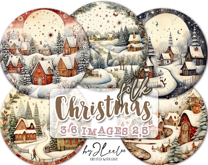FOLK CHRISTMAS 2.5 inch circle | holidays drawing craft supplies | mirrors cupcake topper scrapbook magnets | Junk journal ephemera | tn673