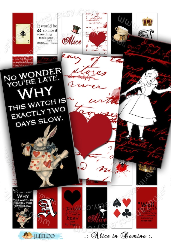 ALICE IN DOMINO  printable 2x1 inch wonderland victorian red black Digital collage sheet instant download background vintage paper do103