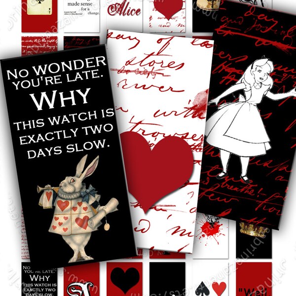 ALICE IN DOMINO  printable 2x1 inch wonderland victorian red black Digital collage sheet instant download background vintage paper do103