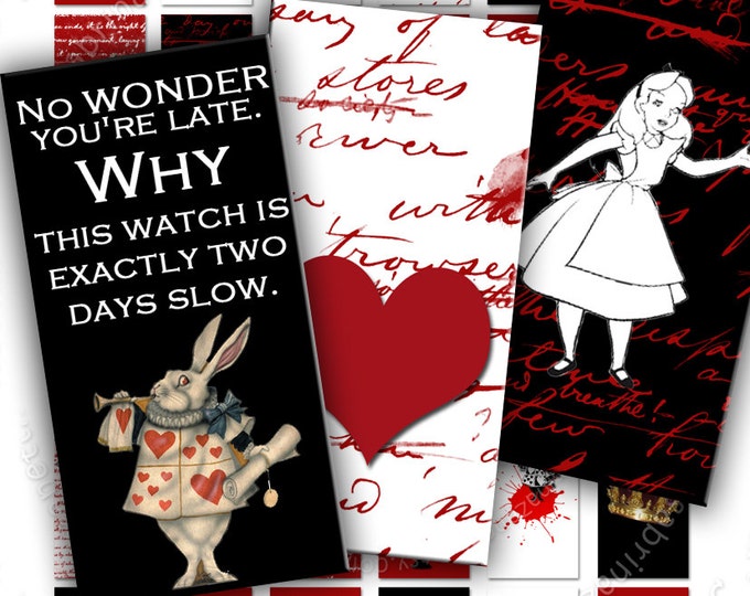 ALICE IN DOMINO  printable 2x1 inch wonderland victorian red black Digital collage sheet instant download background vintage paper do103