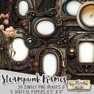 May include: A set of 26 steampunk-style frames in various shapes and sizes, with intricate details and a metallic finish. The frames are perfect for adding a vintage and industrial touch to your digital projects.