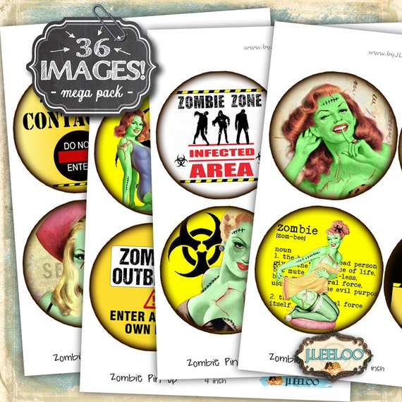 Digital collage ZOMBIES PIN UP 4 inch printable apocalypse walking dead coaster jewelry holder hang tags instant download tn477