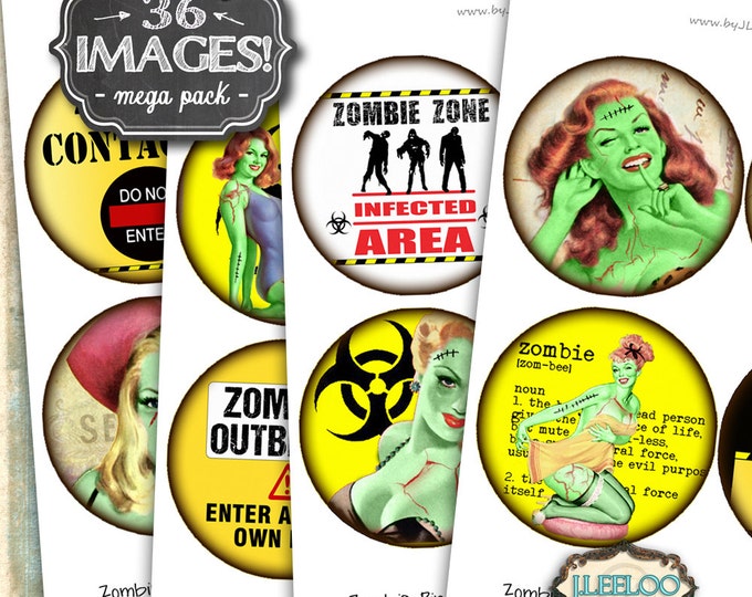 Digital collage ZOMBIES PIN UP 4 inch printable apocalypse walking dead coaster jewelry holder hang tags instant download tn477