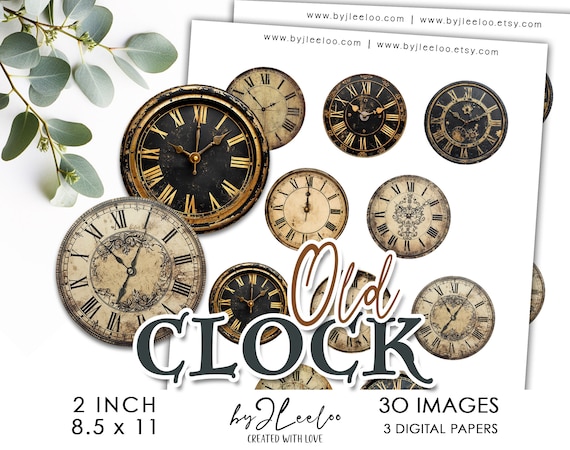 OLD CLOCK 2 inch printable | Vintage supplies round pins, mirror, magnet, Junk Journal, CU, Digital Art, Digital Download ephemera | tn772