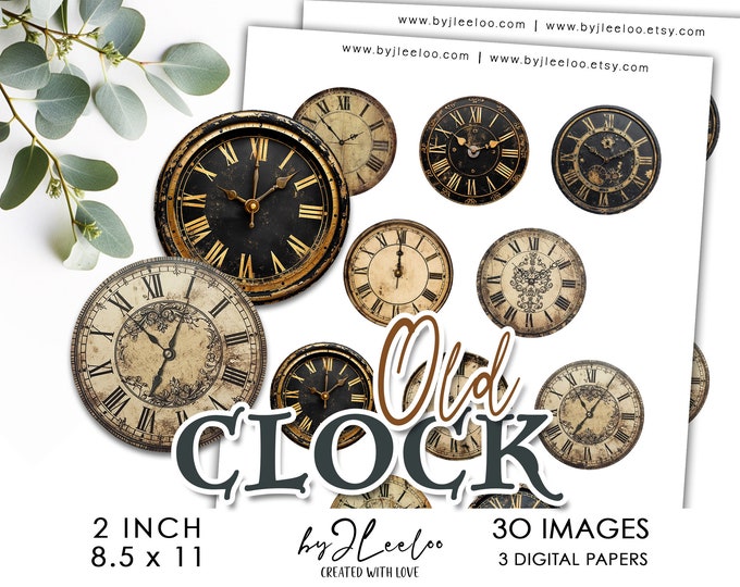 OLD CLOCK 2 inch printable | Vintage supplies round pins, mirror, magnet, Junk Journal, CU, Digital Art, Digital Download ephemera | tn772