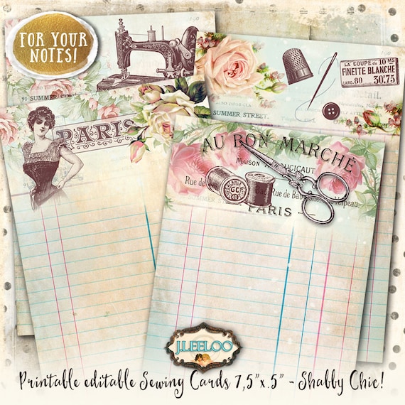 SEWING CARDS editable writable writing note Shabby Chic digital graphic Digital collage sheet scrapbook diary instant download pp392