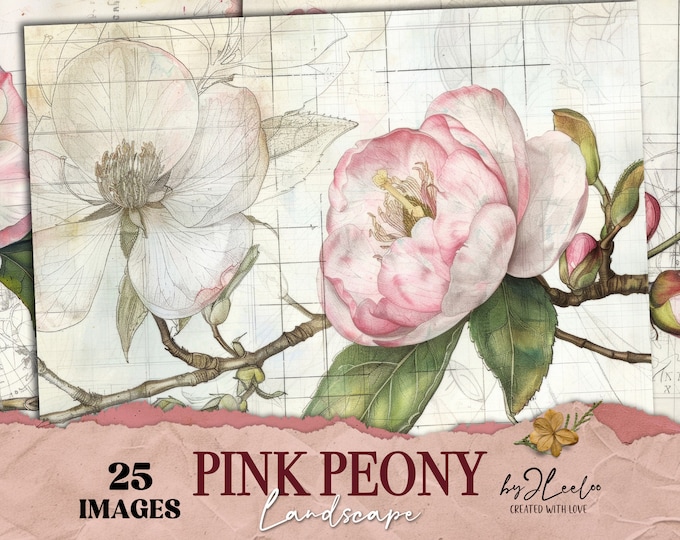 PINK PEONY vintage pages collage | Old textured card junk journal botanical | Naturalist diary garden digital texture background | pp819
