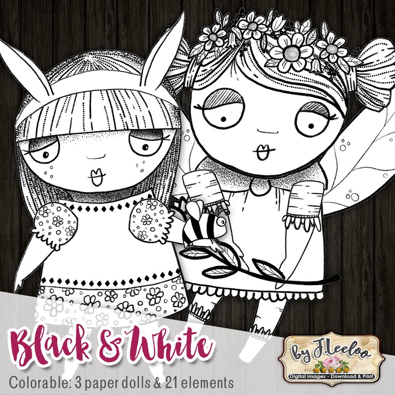 BLACK and WHITE Paper Dolls Coloring Articulated Altered Art | Etsy