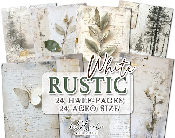 RUSTIC WHITE half pages printable |Botanical junk journal Mixed Media supplies | Distressed dirty paper card making collage diary | pp706